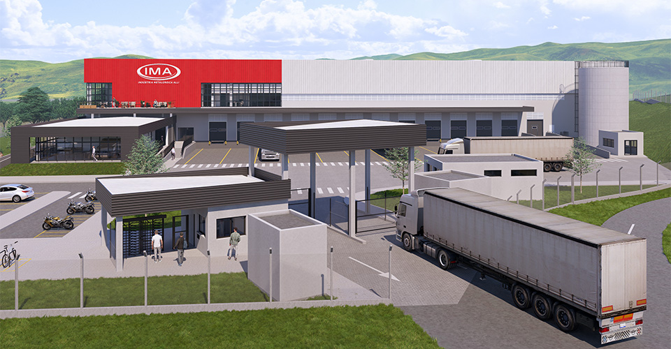 Vista geral em perspectiva 3D do centro logístico da IMA em Camanducaia/MG com obras em andamento.