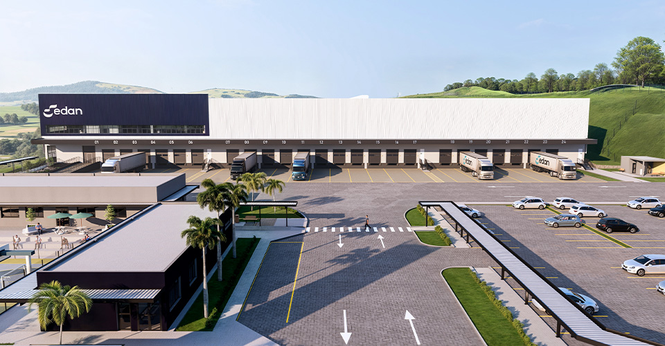 Vista frontal em perspectiva 3D do galpão logístico da Edan Import em Estiva.