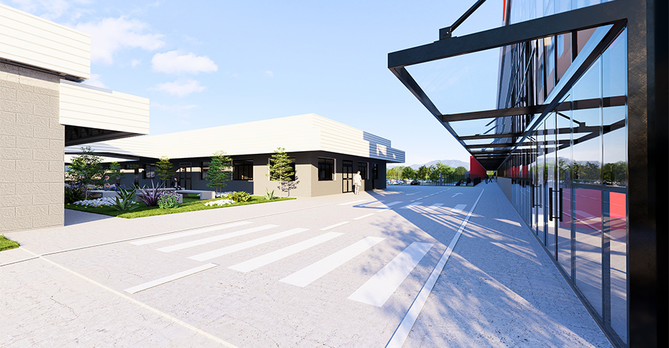 Visualização 3D da implantação do projeto Autozone em Paulínia/SP, com foco em logística e fluxo de clientes.